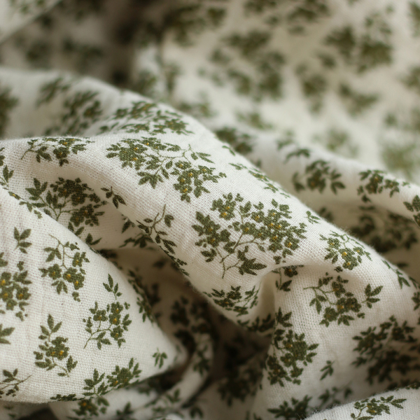 Soumeya - Double gaze coton BIO motif exclusif fond écru vert olive 2
