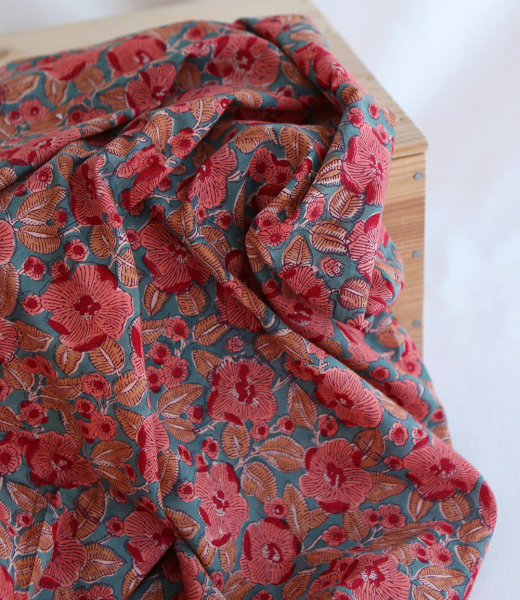 Sahar - Tissu indien coton hand block traditionnel Teal 2