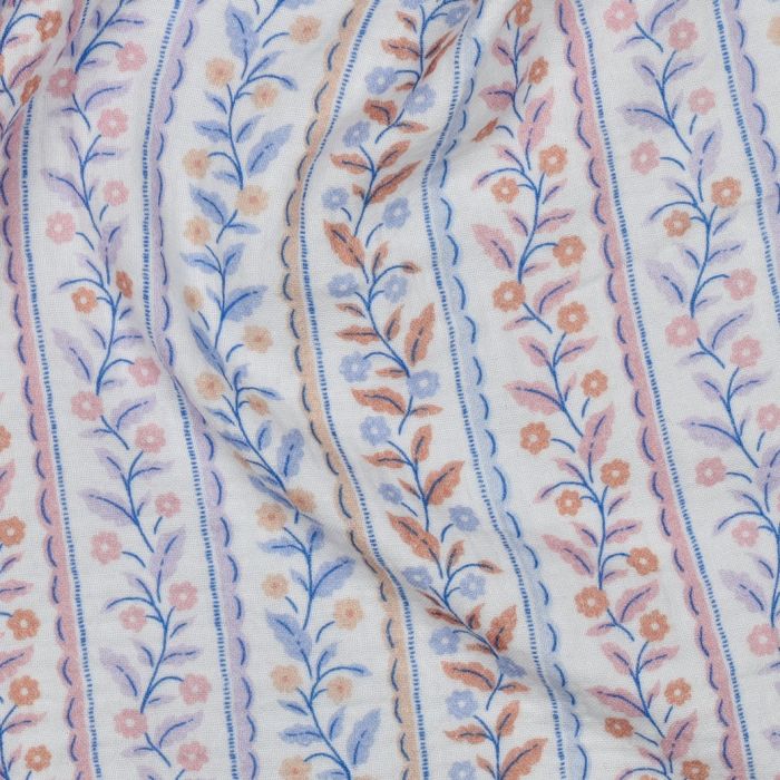 Double gaze de coton bio imprimée feuillages fond blanc