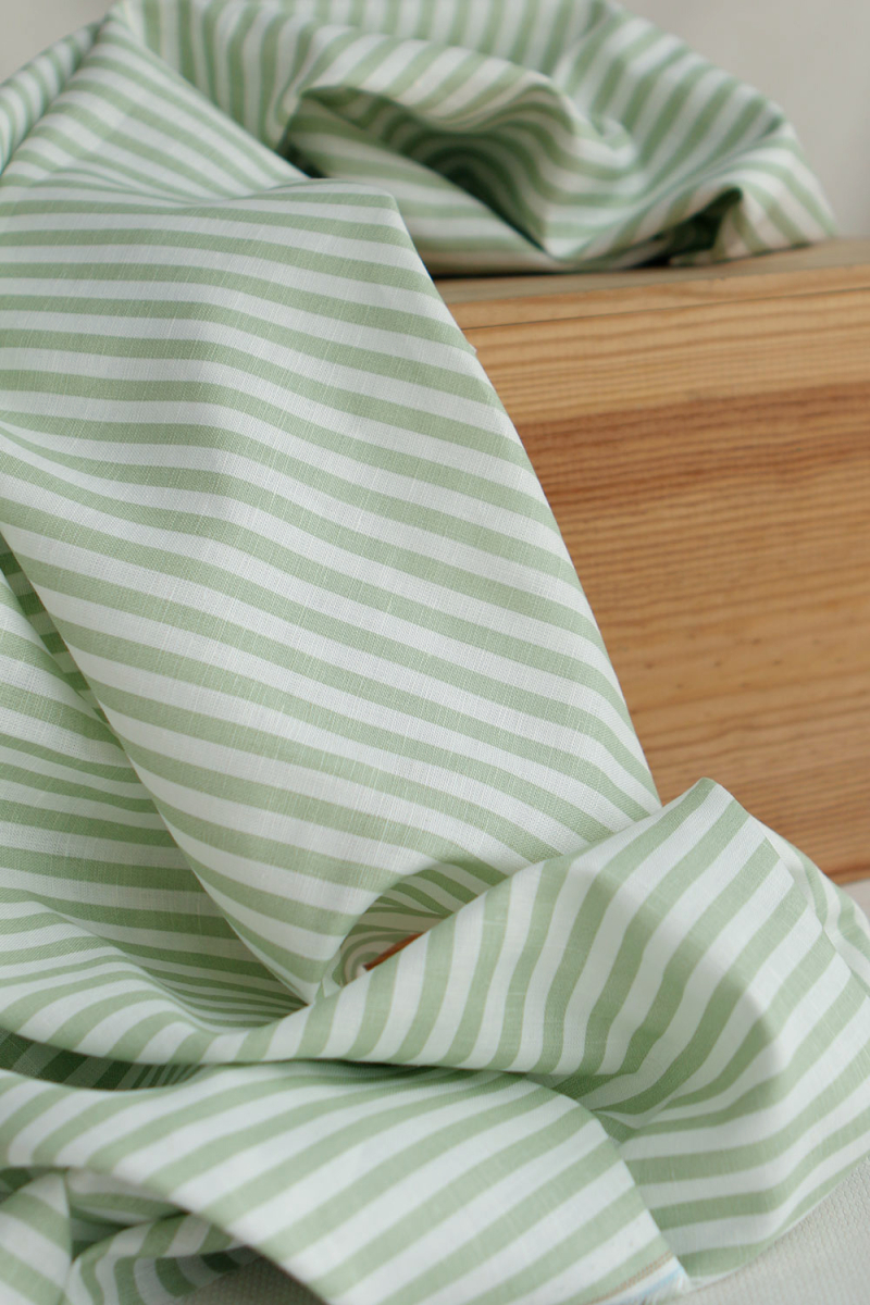 Lucas - Tissu lin coton rayures 6mm blanc lait et vert amande