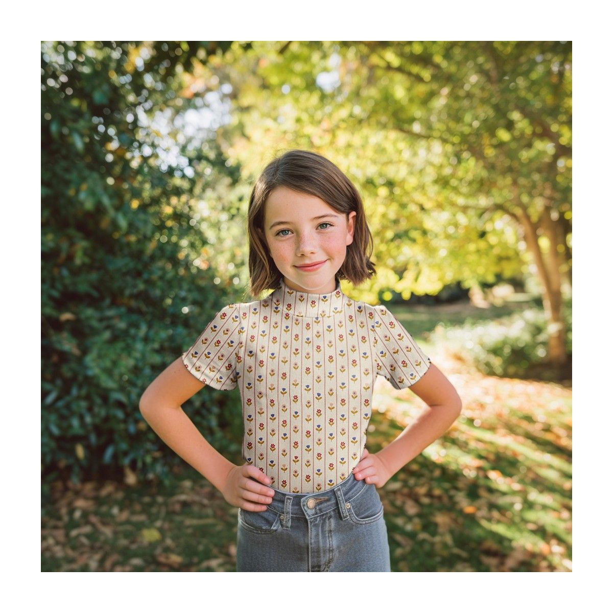 Jersey côtelé petites fleurs naïves fond écru