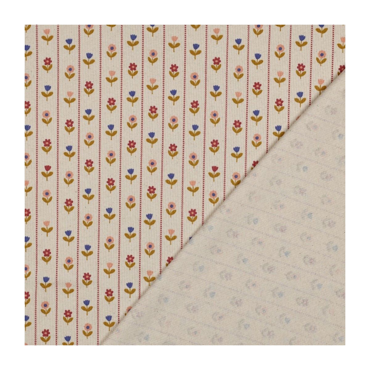 Jersey côtelé petites fleurs naïves fond écru