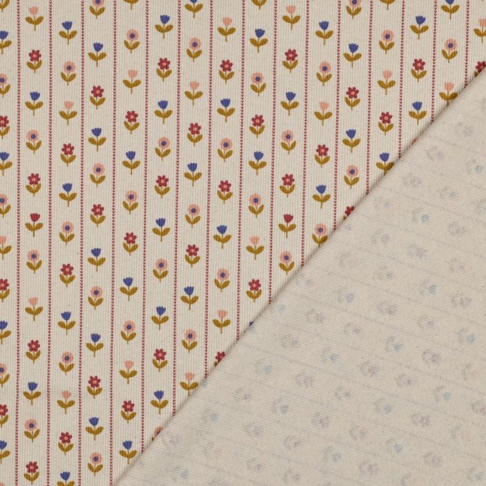 Jersey côtelé petites fleurs naïves fond écru