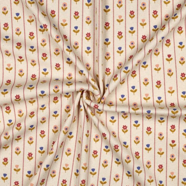 Jersey côtelé petites fleurs naïves fond écru