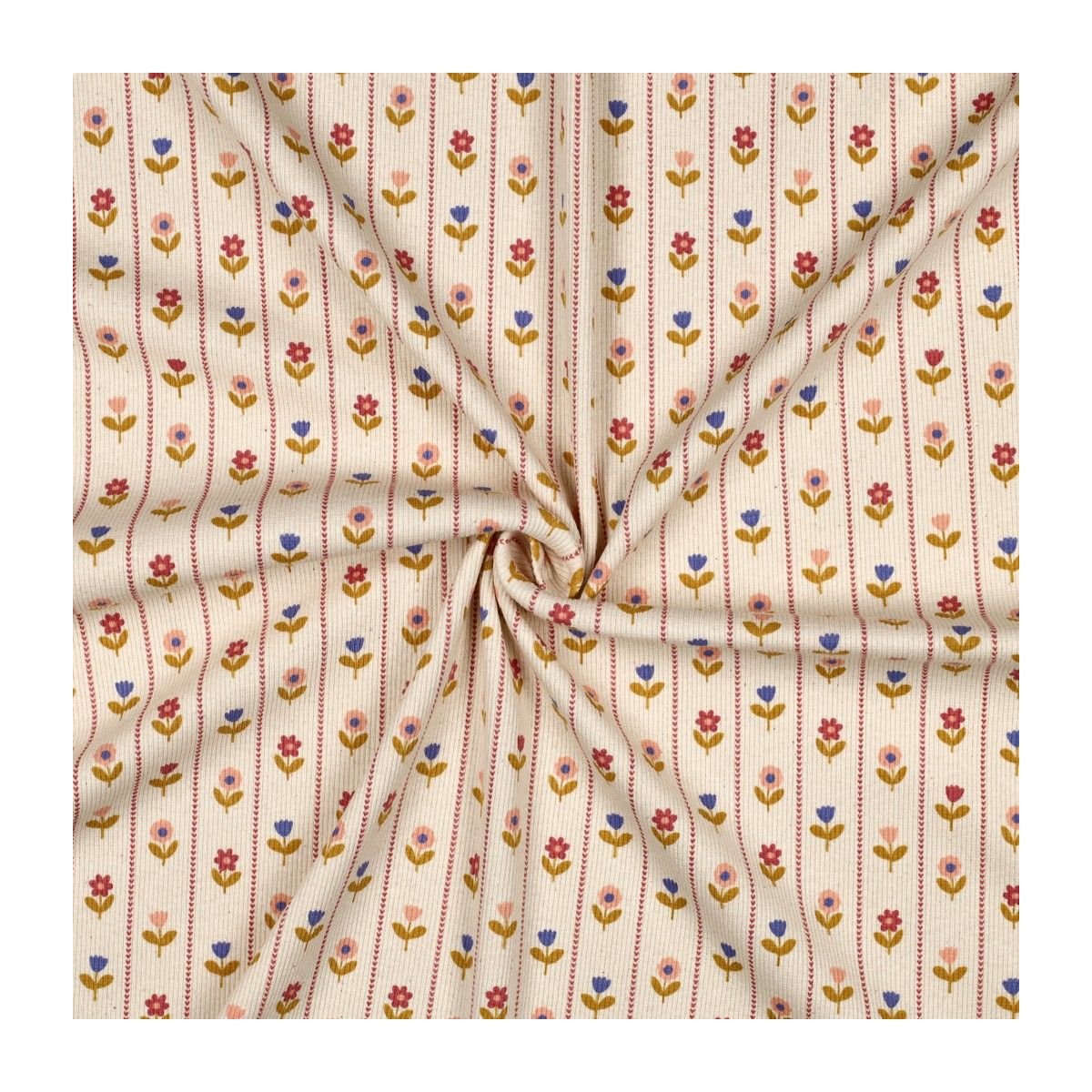 Jersey côtelé petites fleurs naïves fond écru