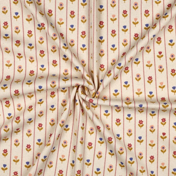 Jersey côtelé petites fleurs naïves fond écru