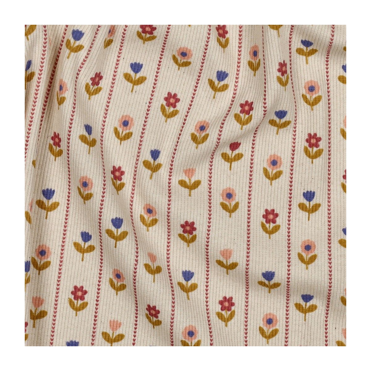 Jersey côtelé petites fleurs naïves fond écru