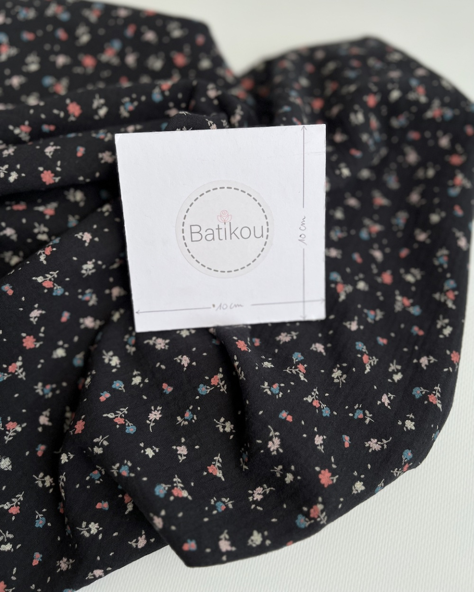 Double gaze de coton BIO anthracite motif fleuri Tissus issus de l'agriculture biologique  - 5