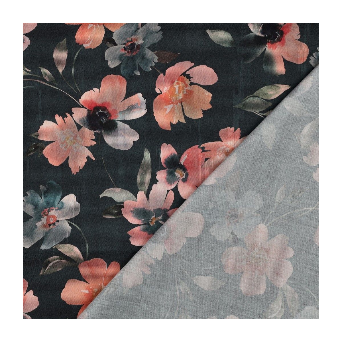 Satin de coton grandes fleurs aquarelle fond noir