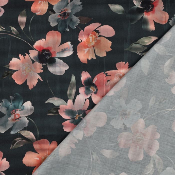 Satin de coton grandes fleurs aquarelle fond noir