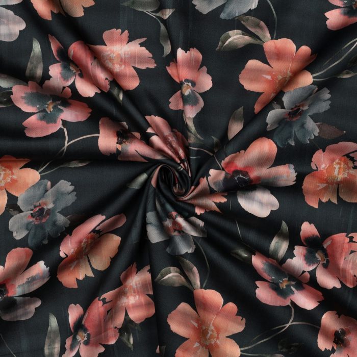 Satin de coton grandes fleurs aquarelle fond noir