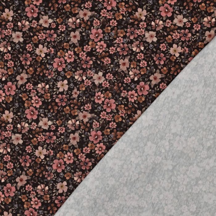 Jersey de coton fleurs denses fond brun foncé