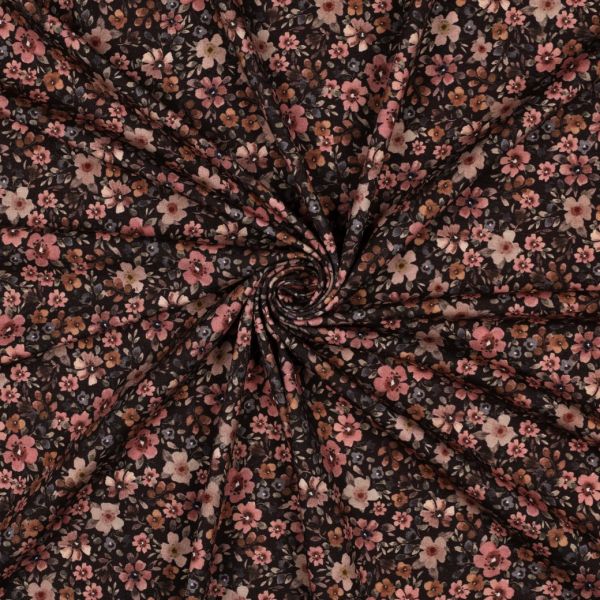 Jersey de coton fleurs denses fond brun foncé