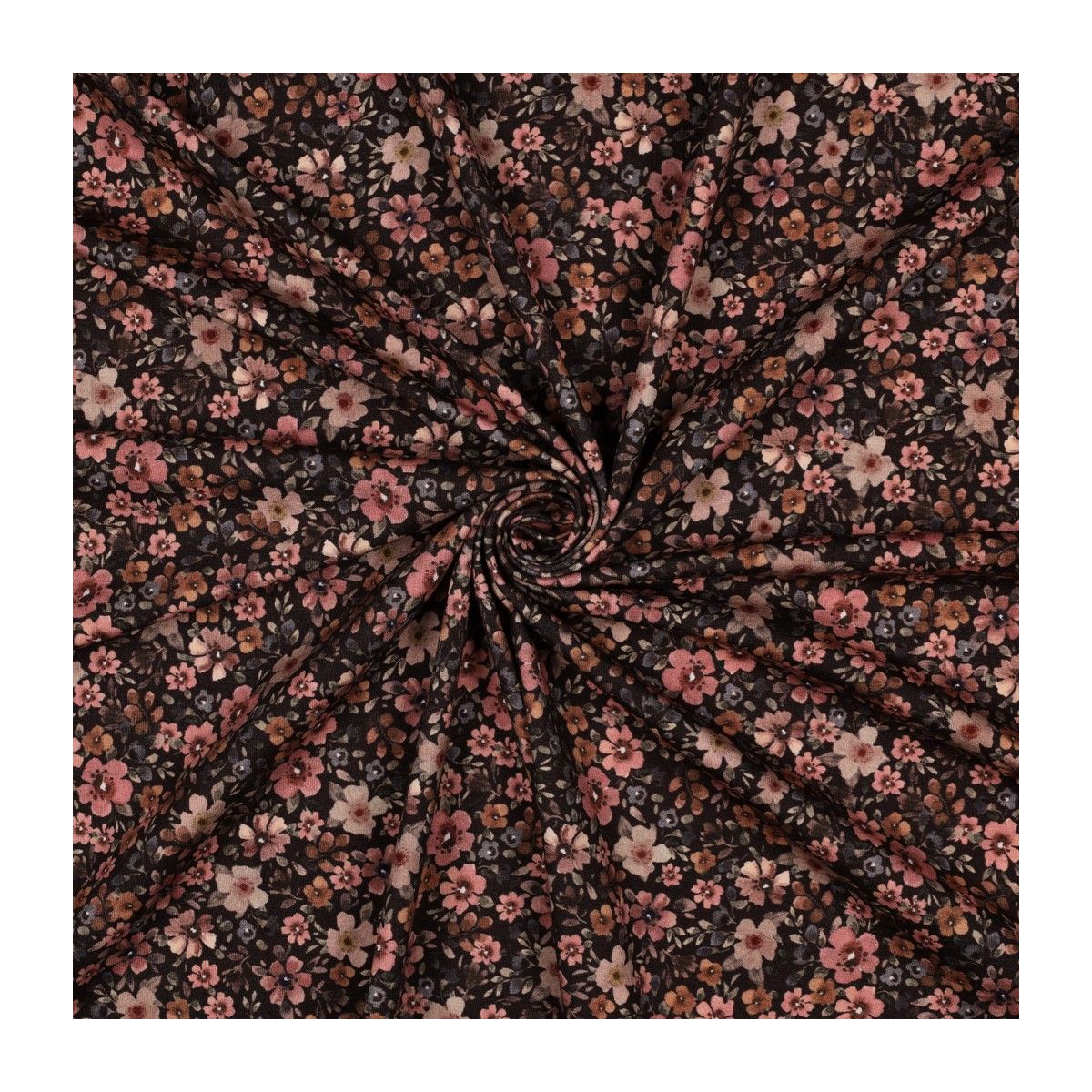 Jersey de coton fleurs denses fond brun foncé