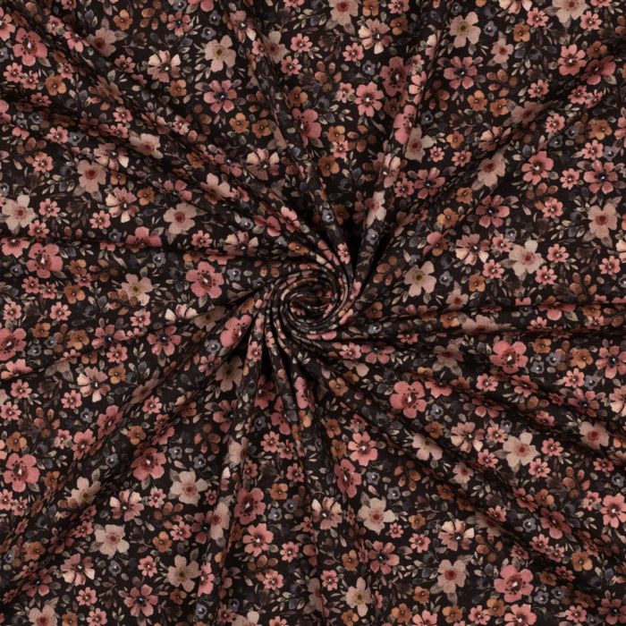 Jersey de coton fleurs denses fond brun foncé