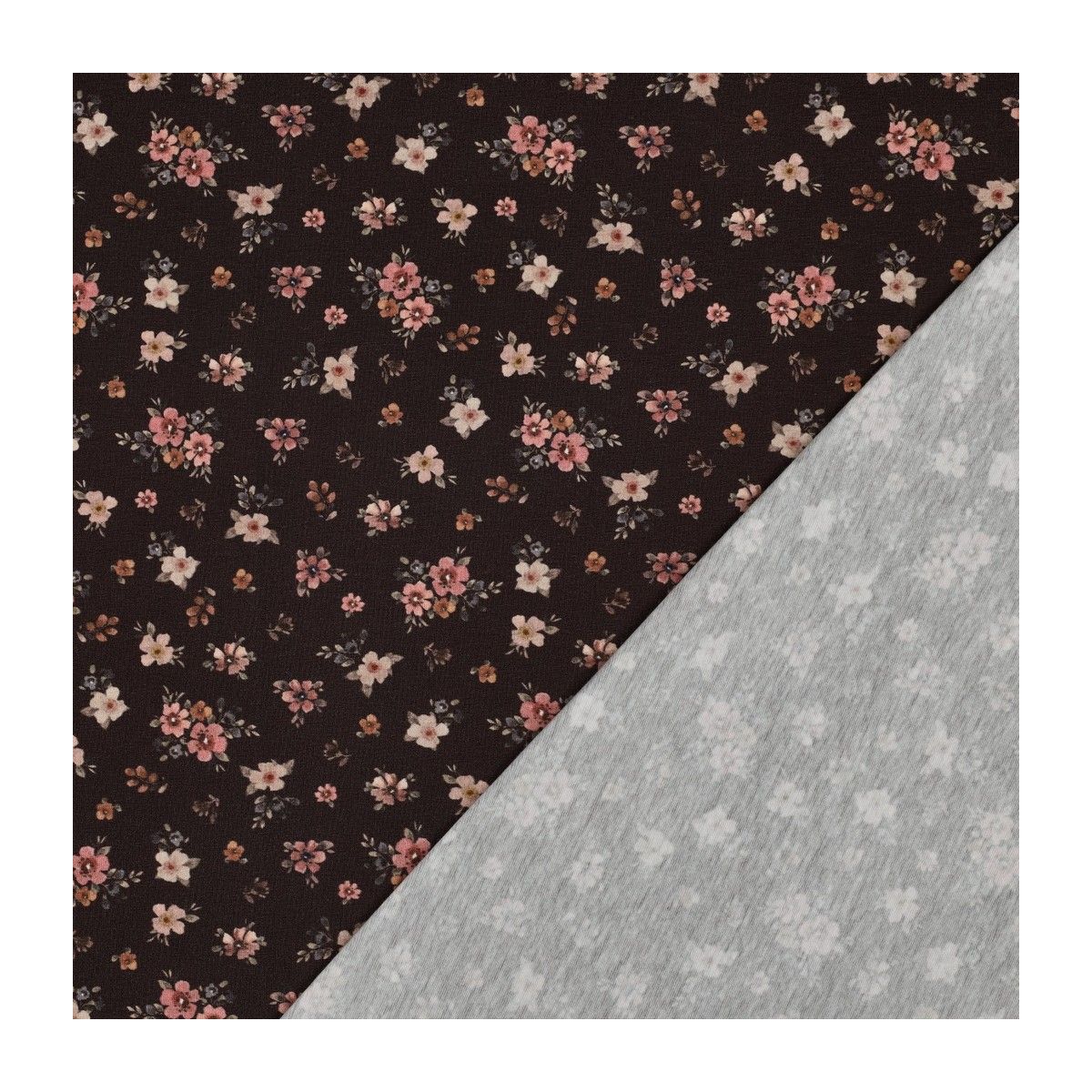 Jersey de coton petites fleurs espacées fond brun foncé