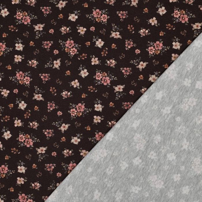 Jersey de coton petites fleurs espacées fond brun foncé