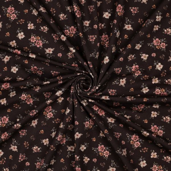 Jersey de coton petites fleurs espacées fond brun foncé