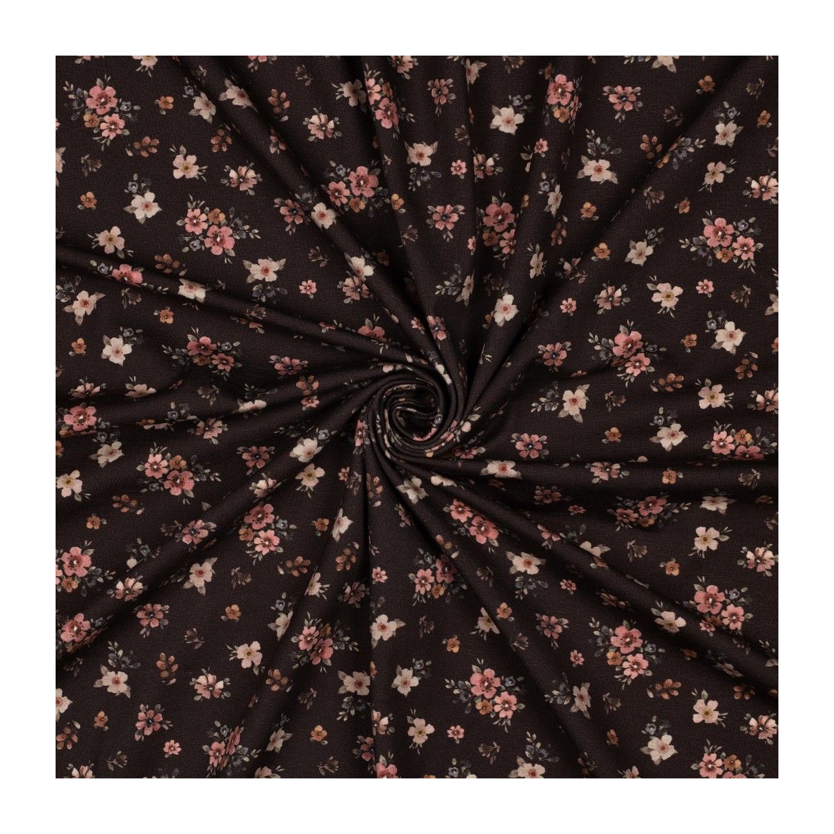 Jersey de coton petites fleurs espacées fond brun foncé