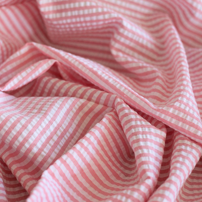 Seersucker / Coton mélangé gaufré rayures candy rose