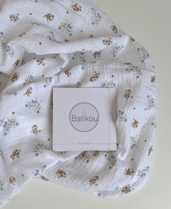 Double gaze de coton Zoli blanc fleuri bleu marron vert