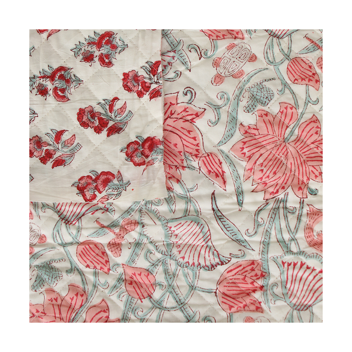 Yamini - Tissu indien matelassé double face coton hand block teal largeur 100cm