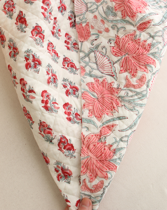 Yamini - Tissu indien matelassé double face coton hand block teal largeur 100cm