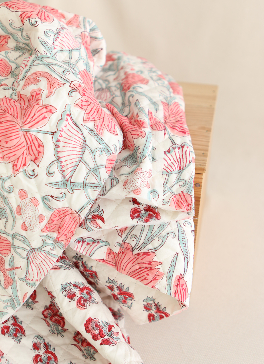 Yamini - Tissu indien matelassé double face coton hand block teal largeur 100cm