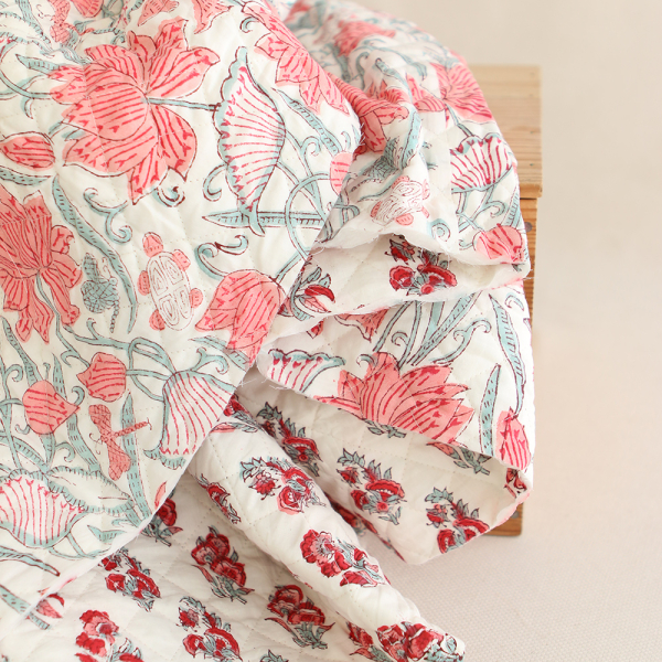 Yamini - Tissu indien matelassé double face coton hand block teal largeur 100cm