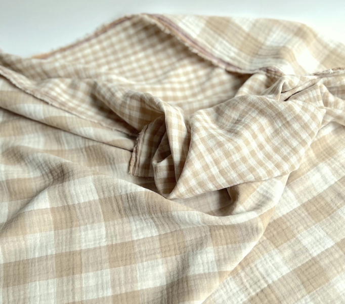 Double gaze de coton vichy réversible écru / sable Qualité Oeko-tex - 1 2