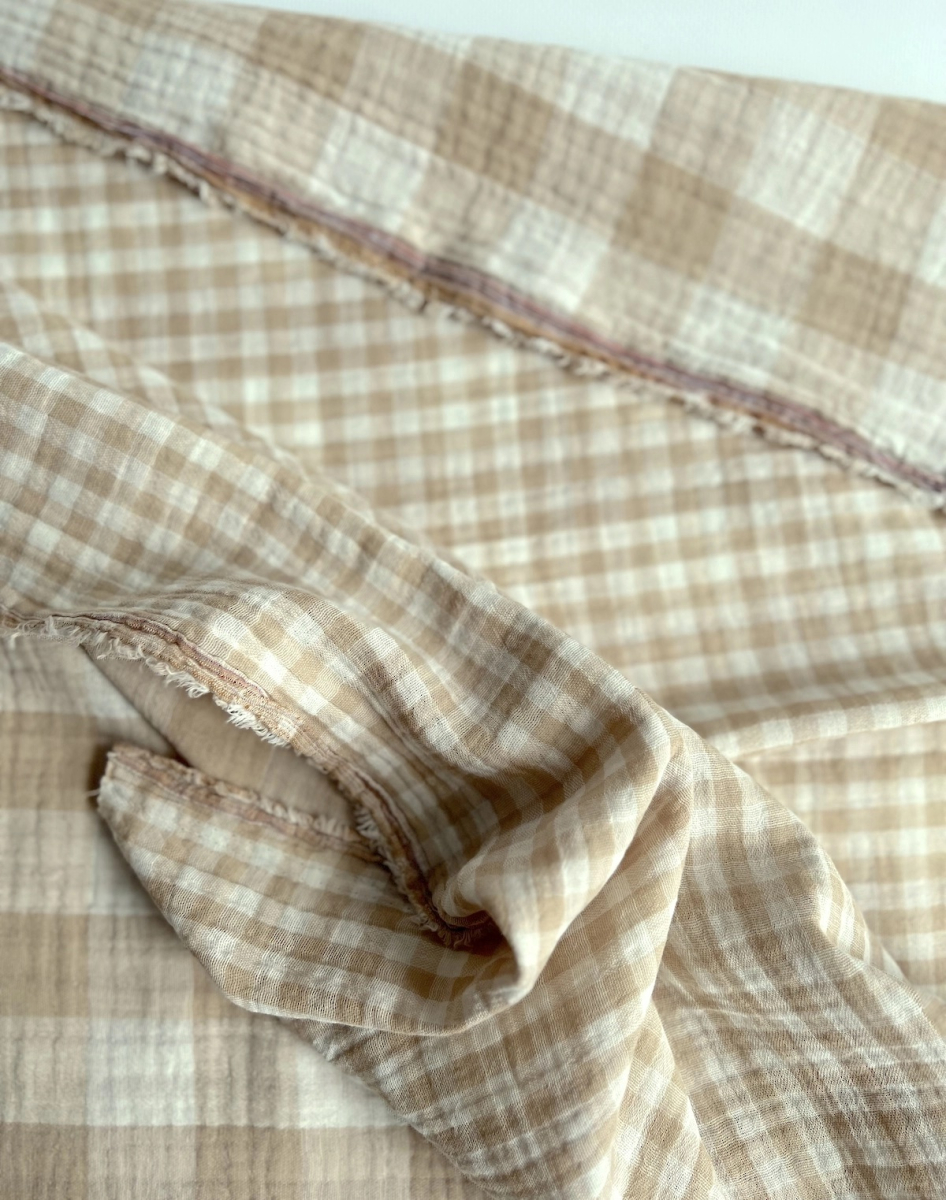 Double gaze de coton vichy réversible écru / sable Qualité Oeko-tex - 5