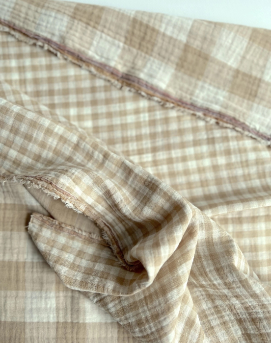 Double gaze de coton vichy réversible écru / sable Qualité Oeko-tex - 5