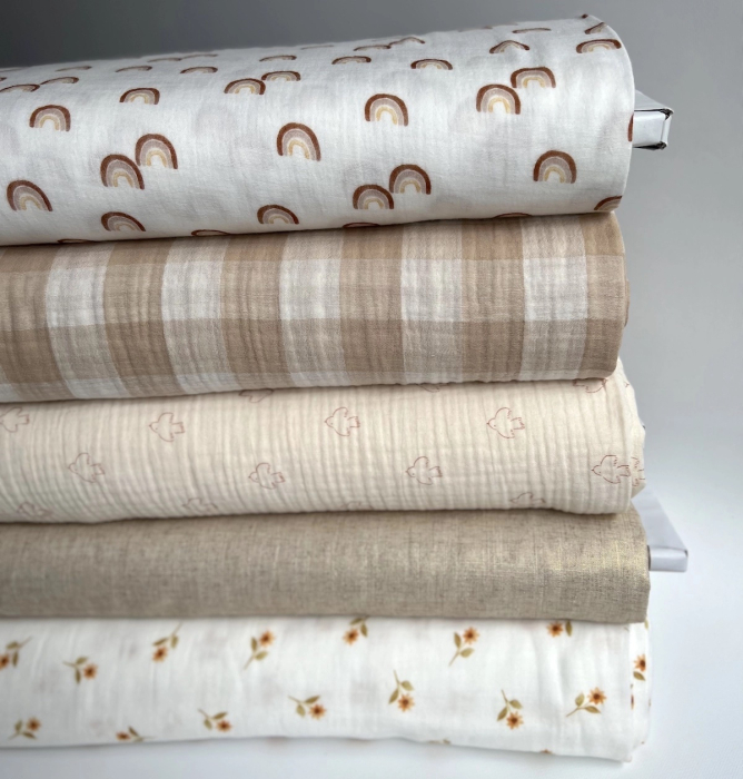 Double gaze de coton vichy réversible écru / sable Qualité Oeko-tex - 6