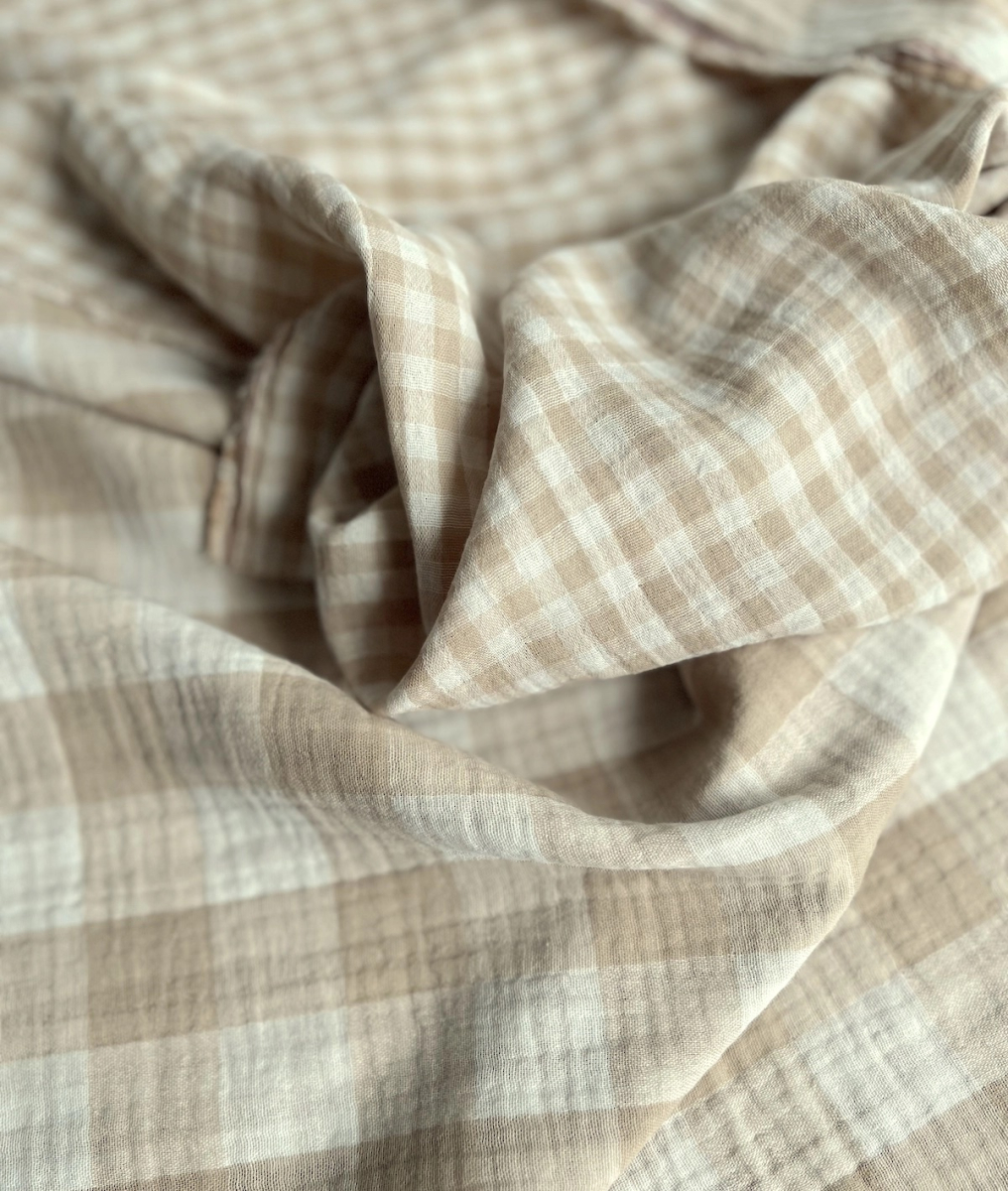 Double gaze de coton vichy réversible écru / sable Qualité Oeko-tex - 8