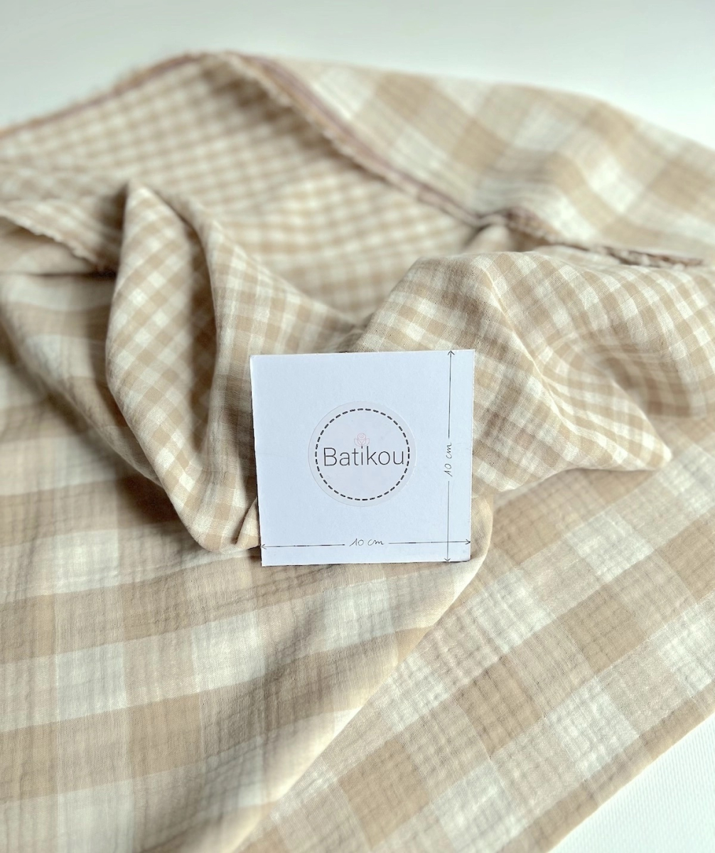 Double gaze de coton vichy réversible écru / sable Qualité Oeko-tex - 9