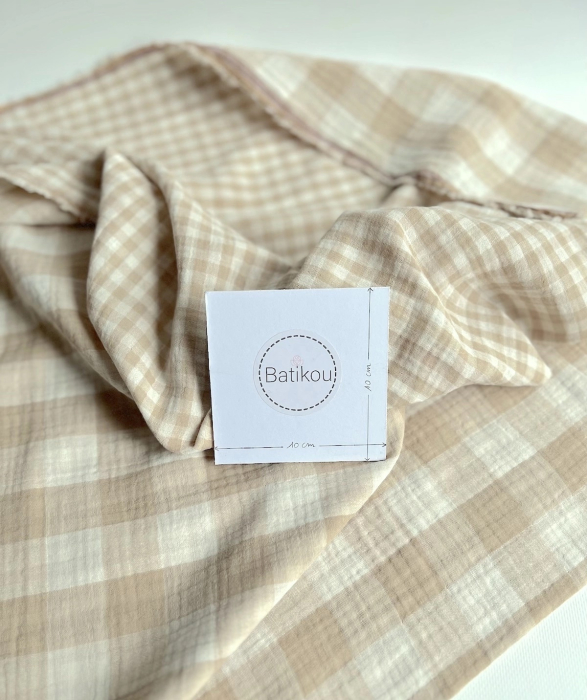 Double gaze de coton vichy réversible écru / sable Qualité Oeko-tex - 9