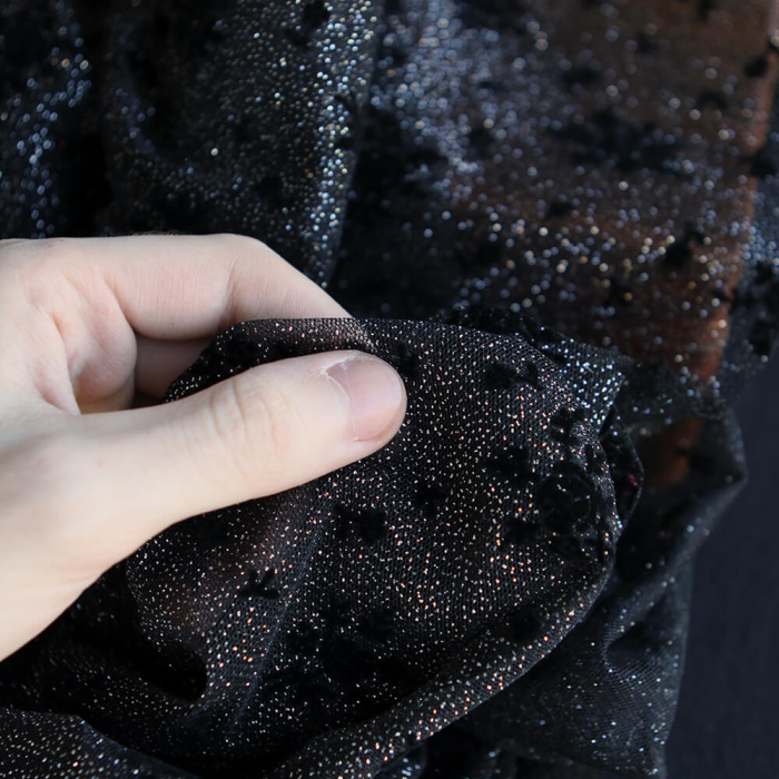 Tulle souple Made in France noir / argenté floqué fleurs velours noir