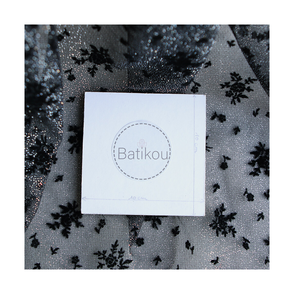 Tulle souple Made in France noir / argenté floqué fleurs velours noir