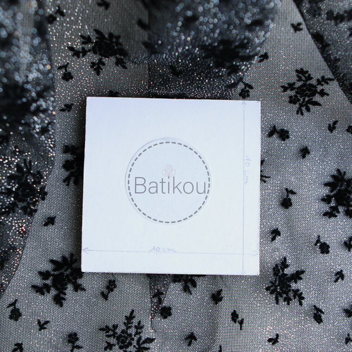 Tulle souple Made in France noir / argenté floqué fleurs velours noir