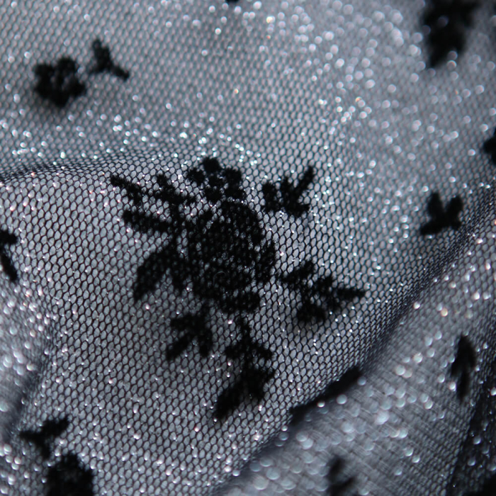 Tulle souple Made in France noir / argenté floqué fleurs velours noir