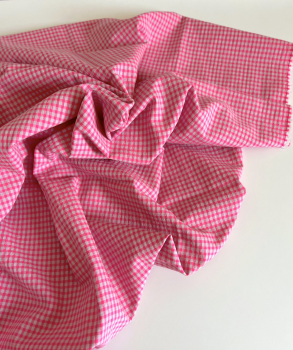 Seersucker / Coton gaufré vichy 3mm mini rose fluo