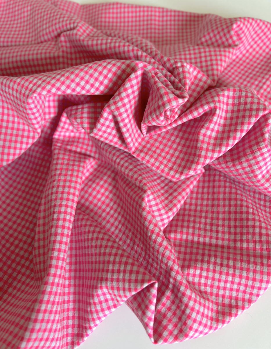 Seersucker / Coton gaufré vichy 3mm mini rose fluo