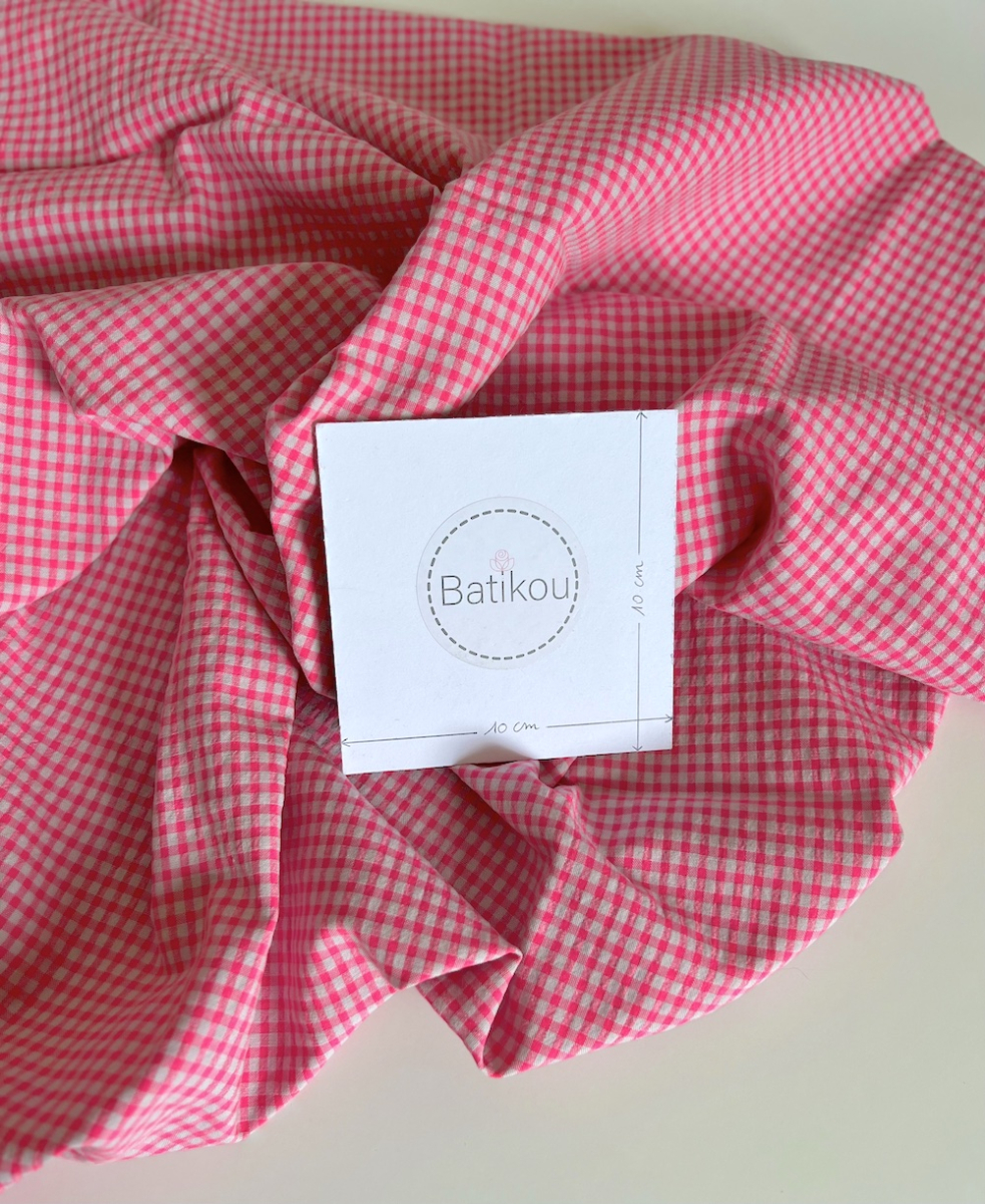 Seersucker / Coton gaufré vichy 3mm mini rose fluo