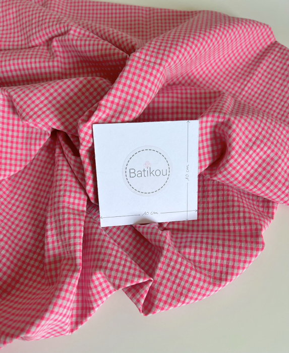 Seersucker / Coton gaufré vichy 3mm mini rose fluo