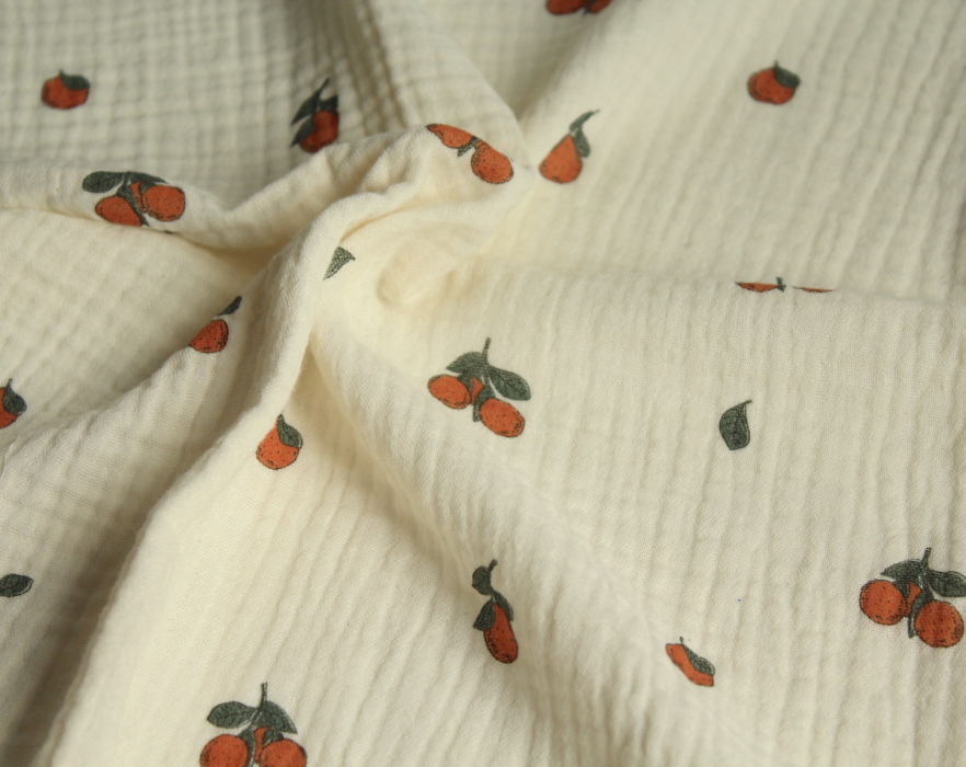 Double gaze de coton BIO écru motif exclusif oranges Tissus issus de l'agriculture biologique  - 6