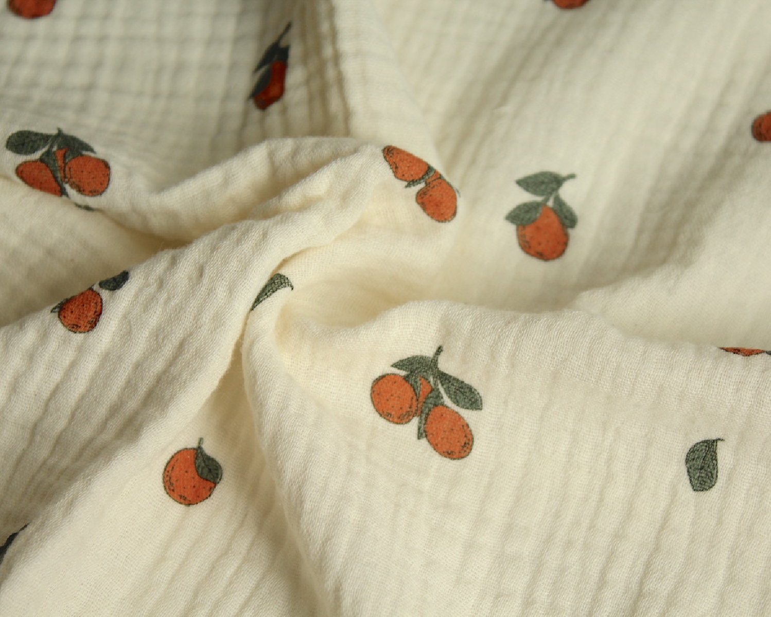 Double gaze de coton BIO écru motif exclusif oranges Tissus issus de l'agriculture biologique  - 8