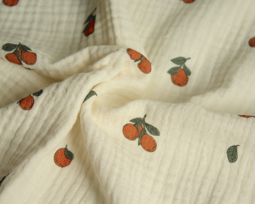 Double gaze de coton BIO écru motif exclusif oranges Tissus issus de l'agriculture biologique  - 8