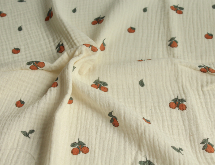 Double gaze de coton BIO écru motif exclusif oranges Tissus issus de l'agriculture biologique  - 10