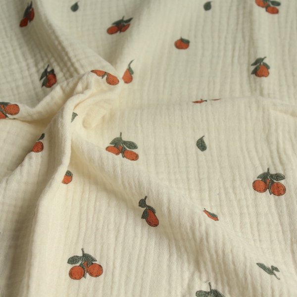 Double gaze de coton BIO écru motif exclusif oranges Tissus issus de l'agriculture biologique  - 1