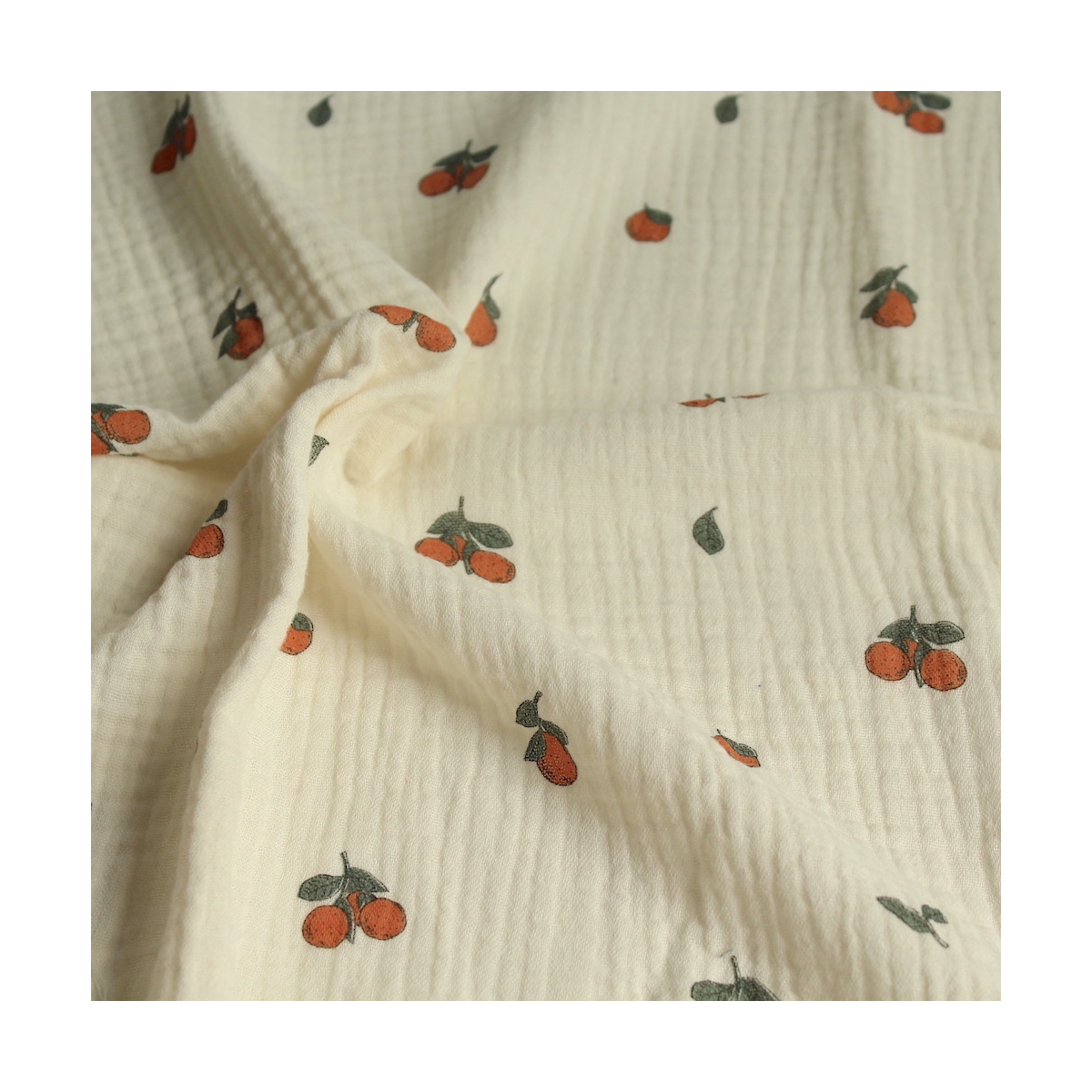 Double gaze de coton BIO écru motif exclusif oranges Tissus issus de l'agriculture biologique  - 1